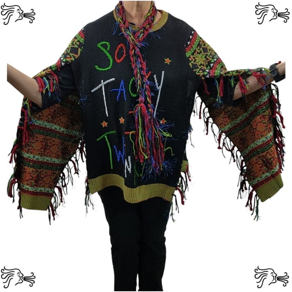 Upcycled Christmas Tacky  Sweater Poncho Handknotted Fringe Crochet Scarf